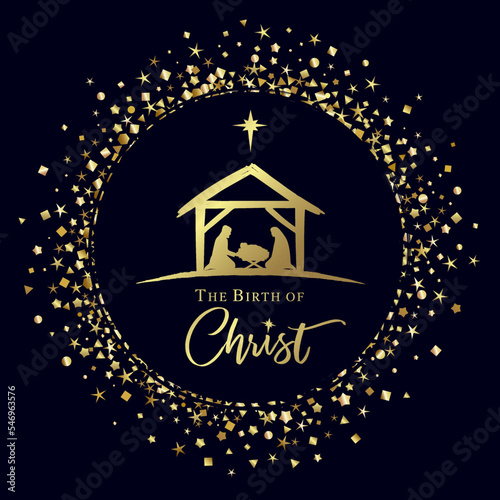 Fototapeta The birth of Christ Nativity scene in golden circle with glitter confetti