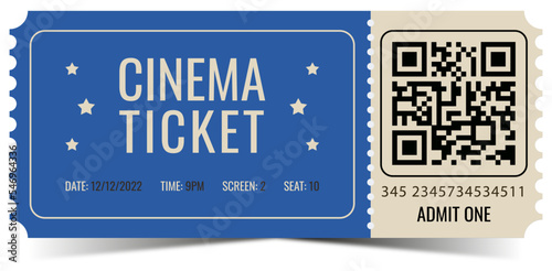 Cinema ticket with QR template isolated on white background. Vector design element