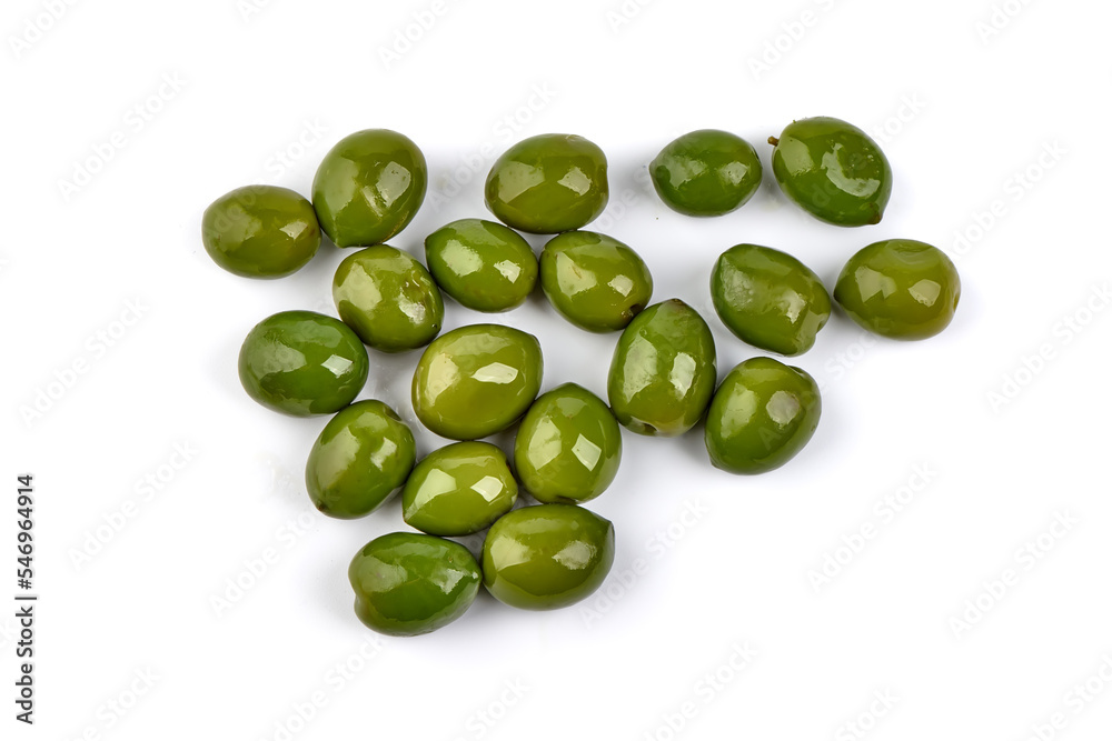 Marinated Castelvetrano green olives Close up. Isolated on white background. Marinated Castelvetrano green olives Close up. Isolated on white background.