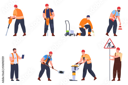 Employees of the utility company are repairing the road surface. Capital and pothole repair of the road. Maintenance of roads. Vector illustration