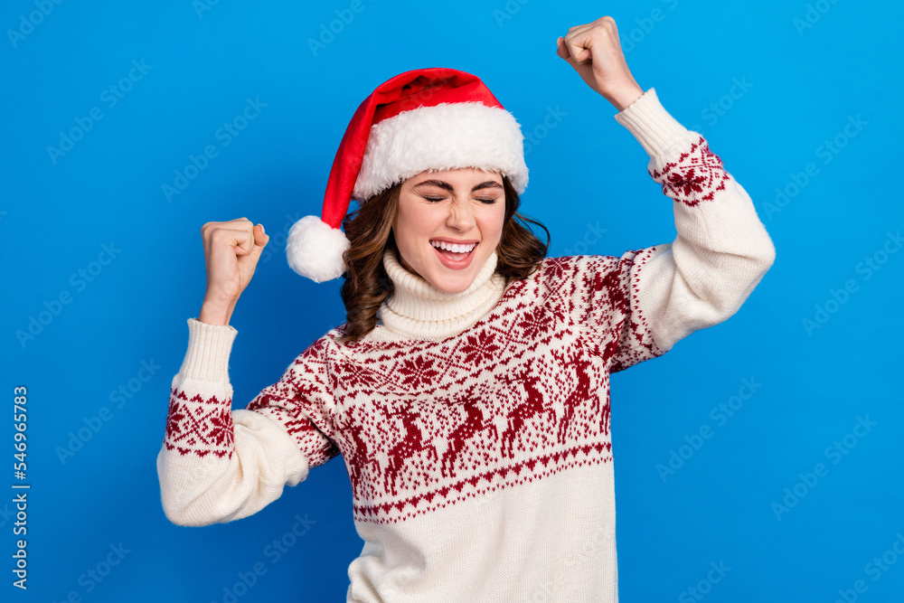 Photo of cheerful positive lady wear stylish print clothes jumper yell yeah hooray season sale shopping isolated on blue color background