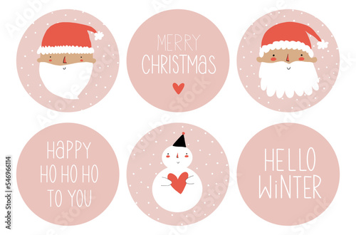 Cute Winter Holidays Vector Stickers with Happy Santa Claus and Snowman on a Pastel Pink Background. Hand Drawn Round Shape Christmas Tags. Handwritten "ho ho ho","Merry Christmas" and "Hello Winter".