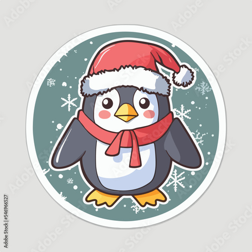 Christmas penguin cartoon sticker, xmas penguin in hat printable stickers sheet. Winter holidays