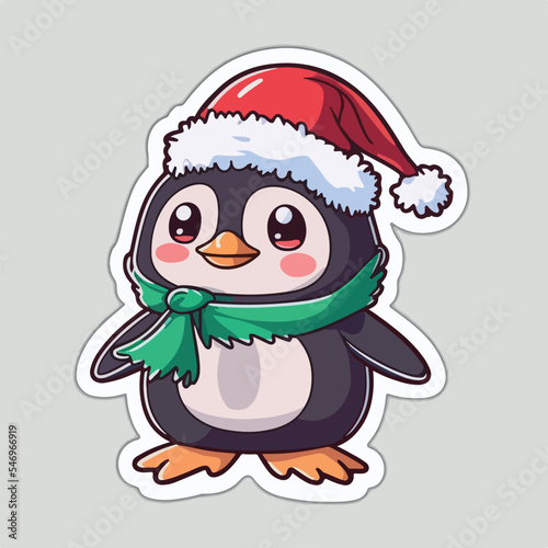 Christmas penguin sticker, xmas penguin in hat stickers cute. Winter holidays