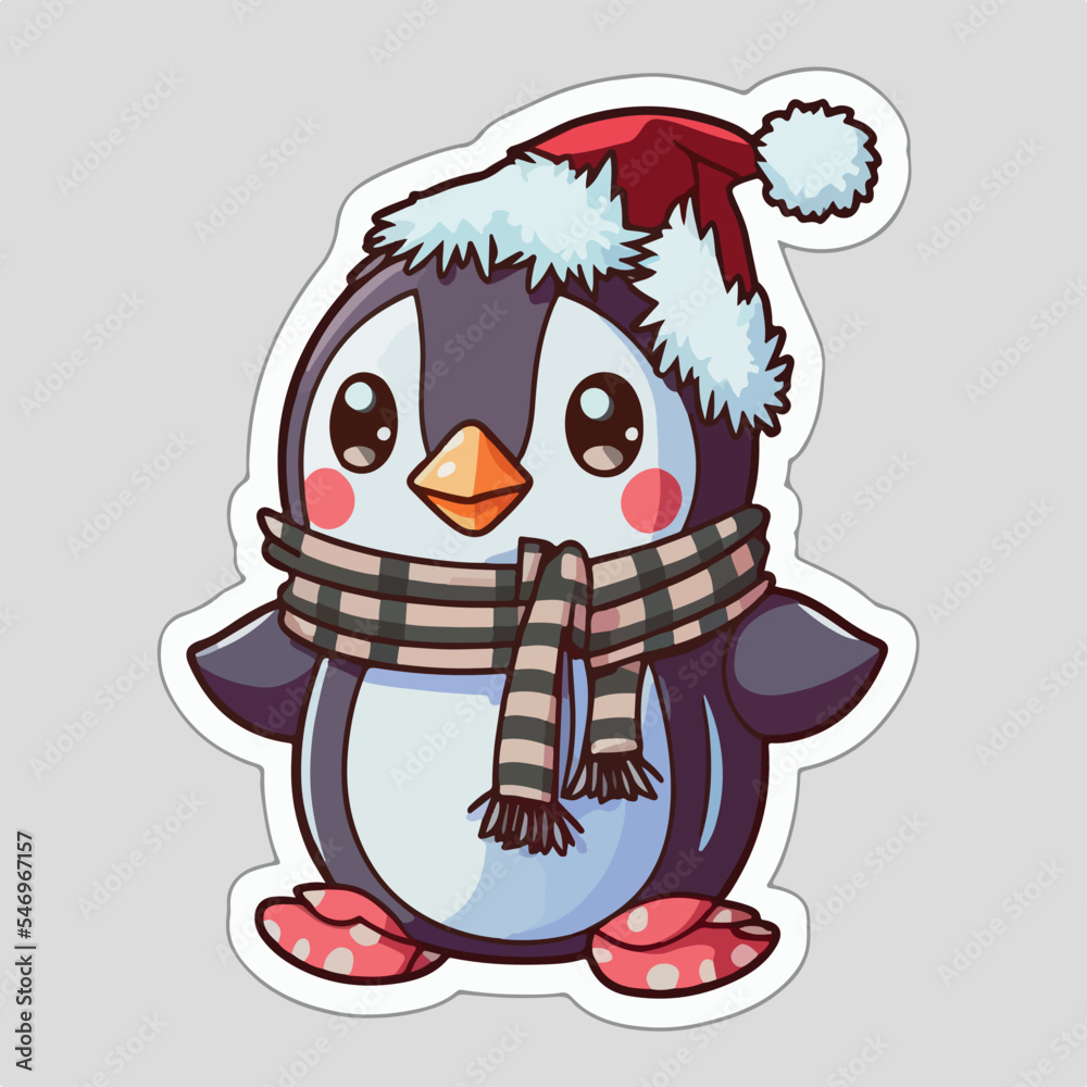 Christmas penguin sticker, xmas penguin in hat character stickers. Winter collection Christmas penguin sticker, xmas penguin in hat character stickers. Winter collection