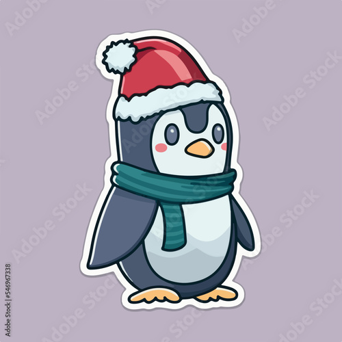 Sticker template with christmas penguin, xmas penguin in hat stickers decoration.