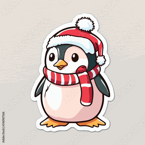 Sticker template with christmas penguin, xmas penguin in hat stickers collection. New-year holidays