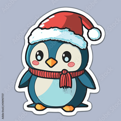 Sticker template with christmas penguin, xmas penguin in hat stickers isolated decoration.
