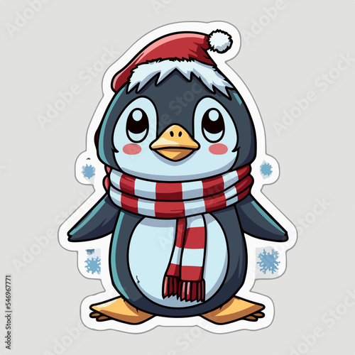 Sticker template with christmas penguin,  xmas penguin in hat stickers collection. Winter collection © Llama-World-studio
