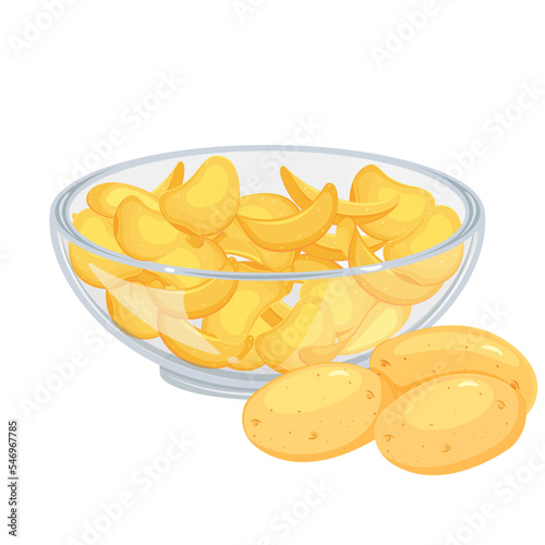 Potato chips in bowl with raw root vegetables. Cooked potatoes.