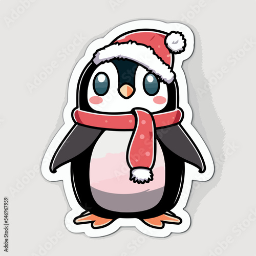 Christmas penguin cartoon sticker, xmas penguin in hat stickers cute. Winter holidays
