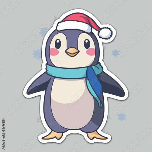 Christmas penguin cartoon sticker, xmas penguin in hat stickers cute. New-year collection