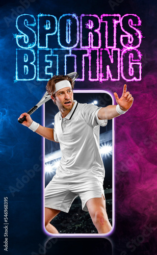 Sports betting on tennis. Tennis player with racket. Man athlete playing on grand arena with tennis courts. Mobile app for bets. photo