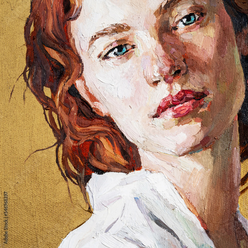 Oil painting. Portrait of a  red-haired  girl on a gold background. The art is done in a realistic manner.
