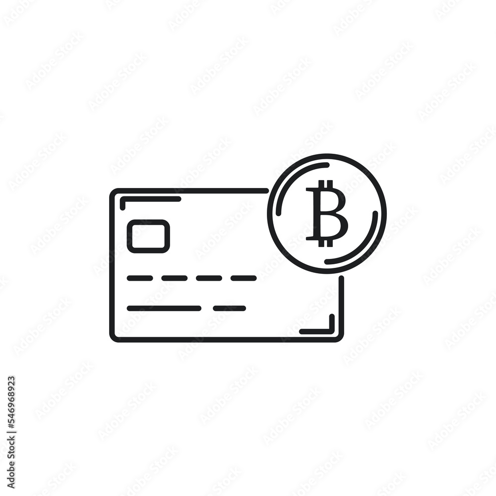 Bitcoin credit card, cryptocurrency money banking isolated outline icon. Bitcoin credit card, cryptocurrency money banking isolated outline icon.