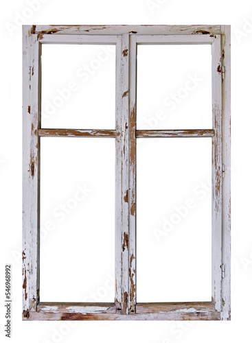 Vintage wooden window with four pane on white background