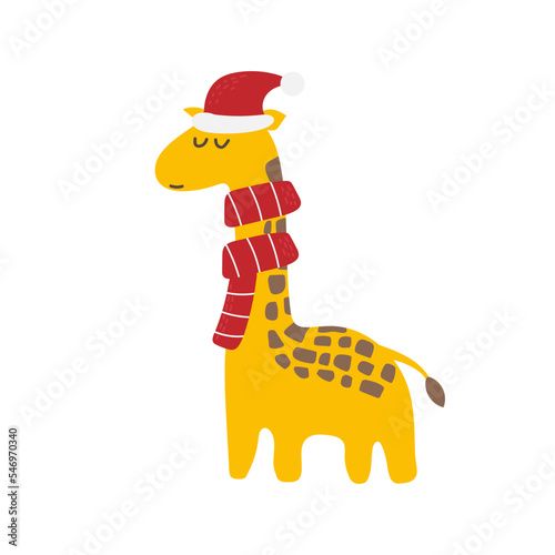 Cute christmas giraffe in santa hat, cartoon vector illustration on white. Modern style, element for kids design