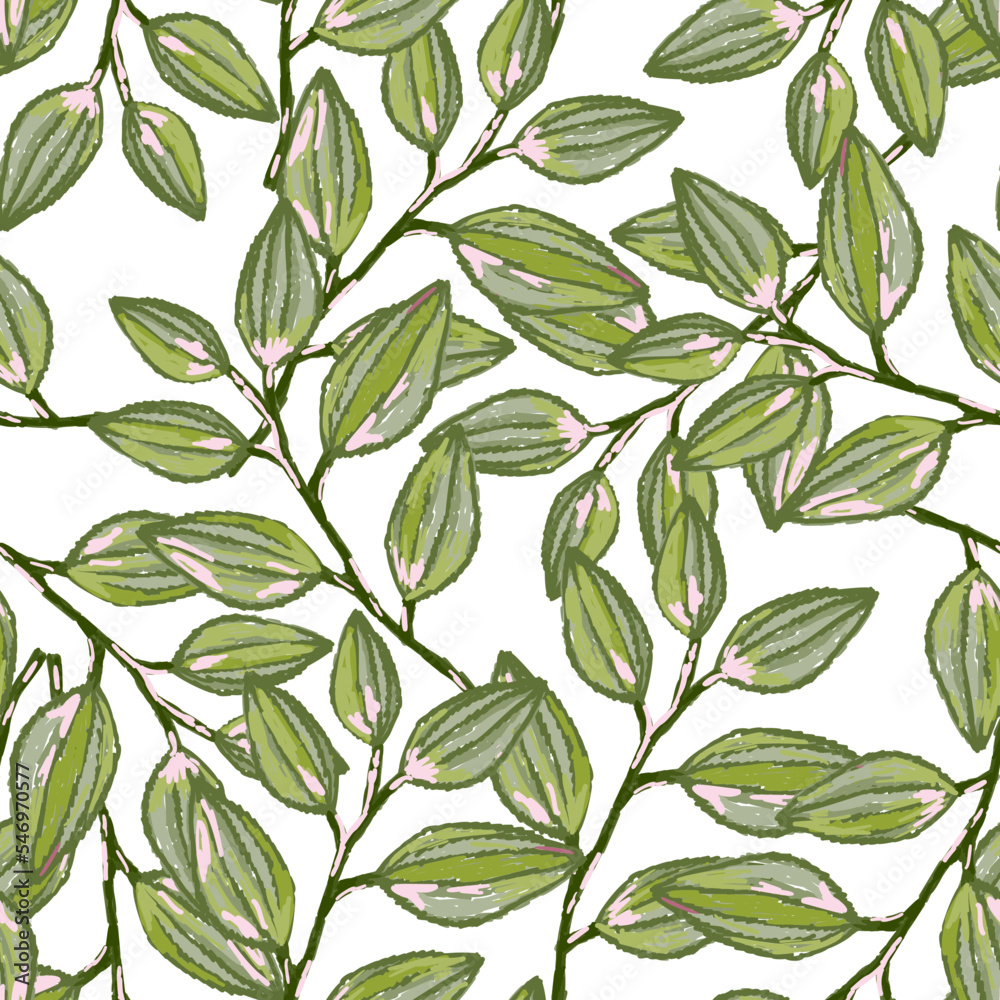 Freehand branches with leaves seamless pattern. Hand drawn organic background. Decorative forest leaf endless wallpaper.