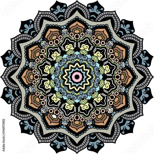 Color Circular Pattern of floral mandala flower design.  KDP Coloring book page and lace pattern and tattoo. Decorative ornament in ethnic oriental style. Ornament for Henna, Mehndi.