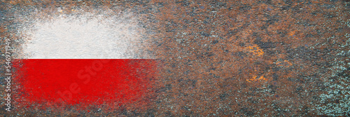 Flag of Poland. Flag painted on rusty surface. Rusty background. Copy space. Textured creative background