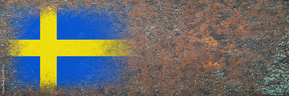 Flag of Sweden. Flag painted on rusty surface. Rusty background. Copy space. Textured creative background Flag of Sweden. Flag painted on rusty surface. Rusty background. Copy space. Textured creative background