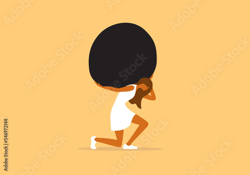 Woman holding huge stone on shoulders. Sad girl in dress carrying heavy rock. Unhappy tired female person lift boulder by hands. Feel of duty, debt, difficult, burden. Hard work vector illustration