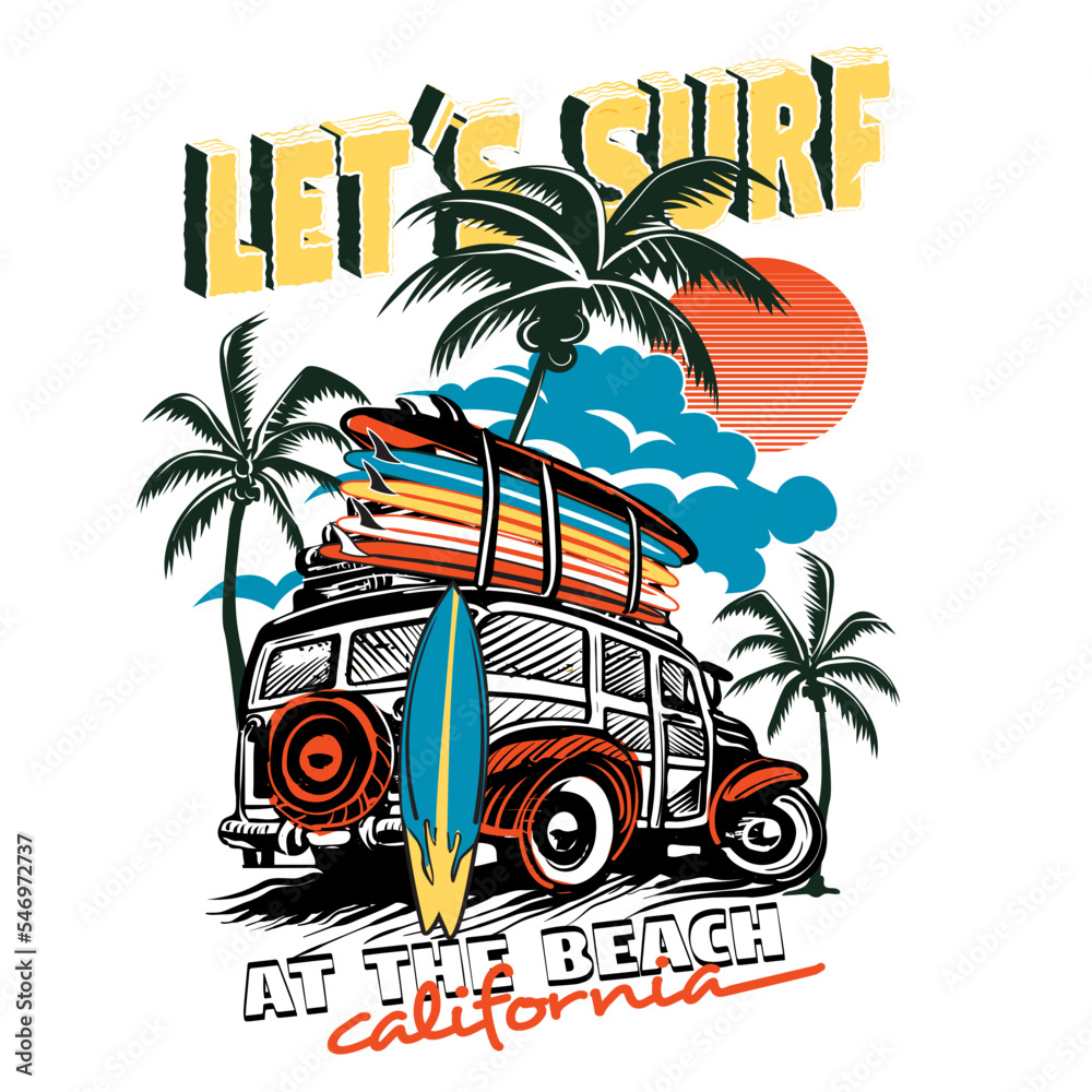 lets surf at the beach, Vector surf car illustration with surfboards and palm trees. For t-shirt prints and other uses.