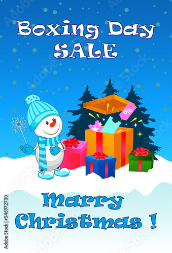 Merry Christmas! Cheerful snowman with sparkler.
Boxing Day. Landscape. Card. Blue background.