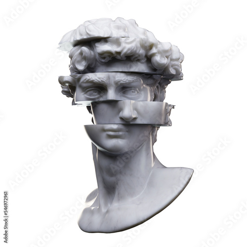 Abstract digital illustration from 3D rendering of white marble classical bust sliced in multiple dislocated pieces and isolated on background.