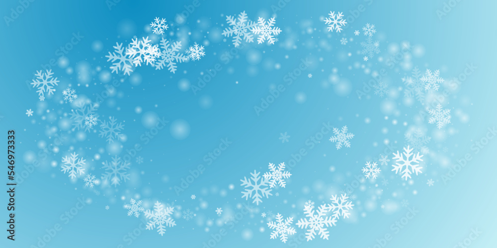 Minimal heavy snowflakes illustration. Snowfall speck crystallic shapes. Snowfall weather white teal blue background. Vibrant snowflakes december texture. Snow nature scenery.