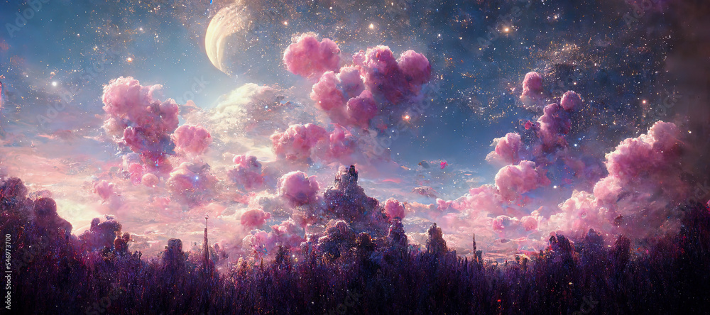 Naklejka premium illustration of an abstract fantasy landscape in pink with moon and stars