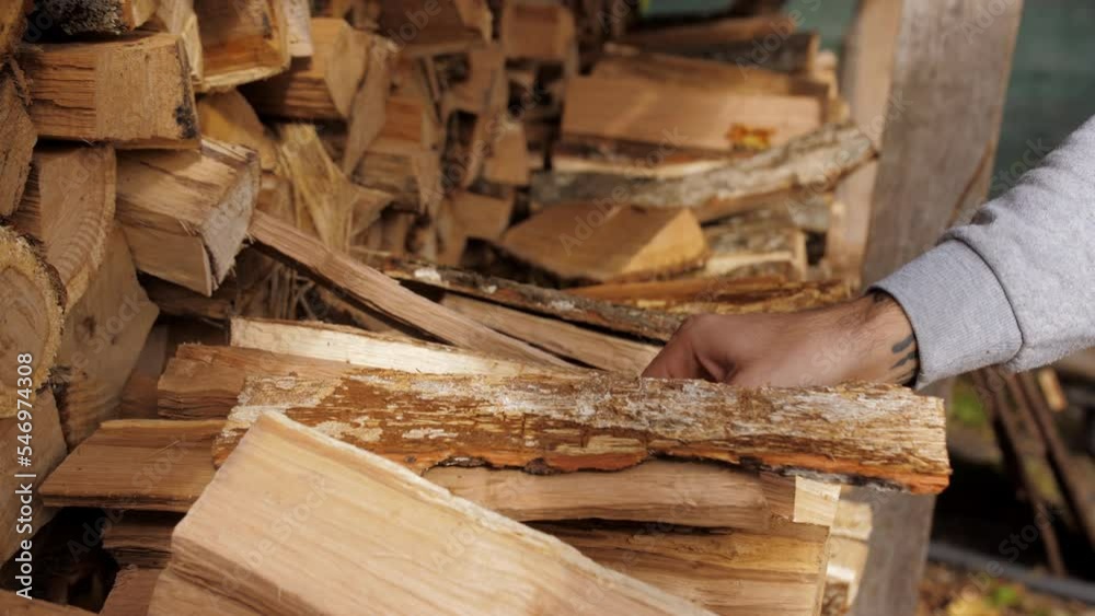 A man takes logs from a woodcutter in his hands for heating in the house. A man takes logs from a woodcutter in his hands for heating in the house.