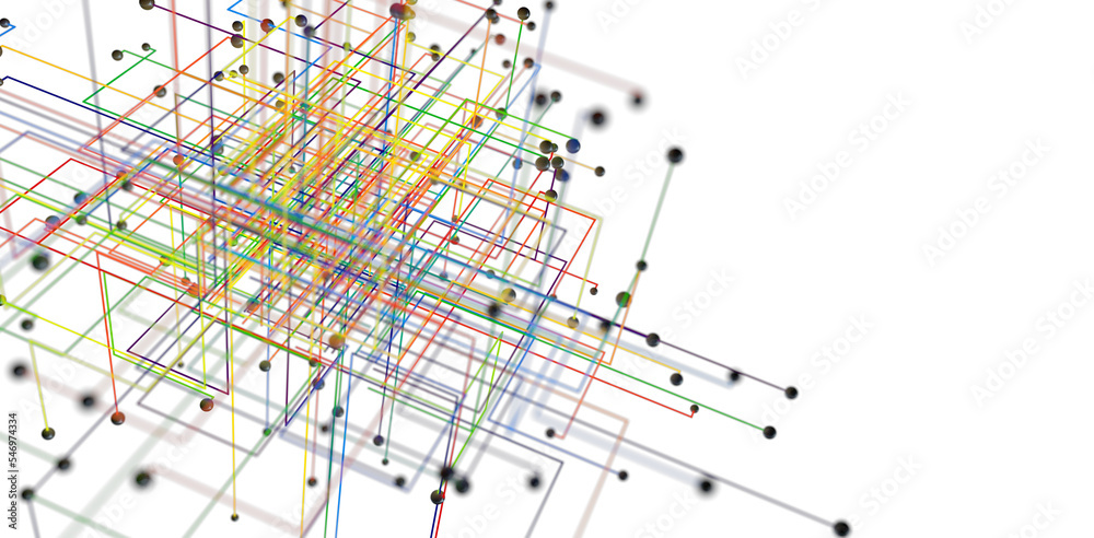 Multi color connected lines and dots network 3d illustration