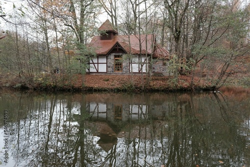 Chapel on water in Charlotta Valley near Ustka, Poland. Charlotta Valley is known for its Rock Legend Festival