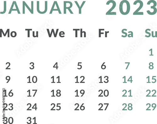 Calendar 2023. Month january.