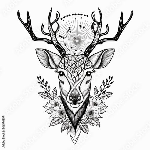 Print op canvas Vector illustration of black deer head with flowers on white background