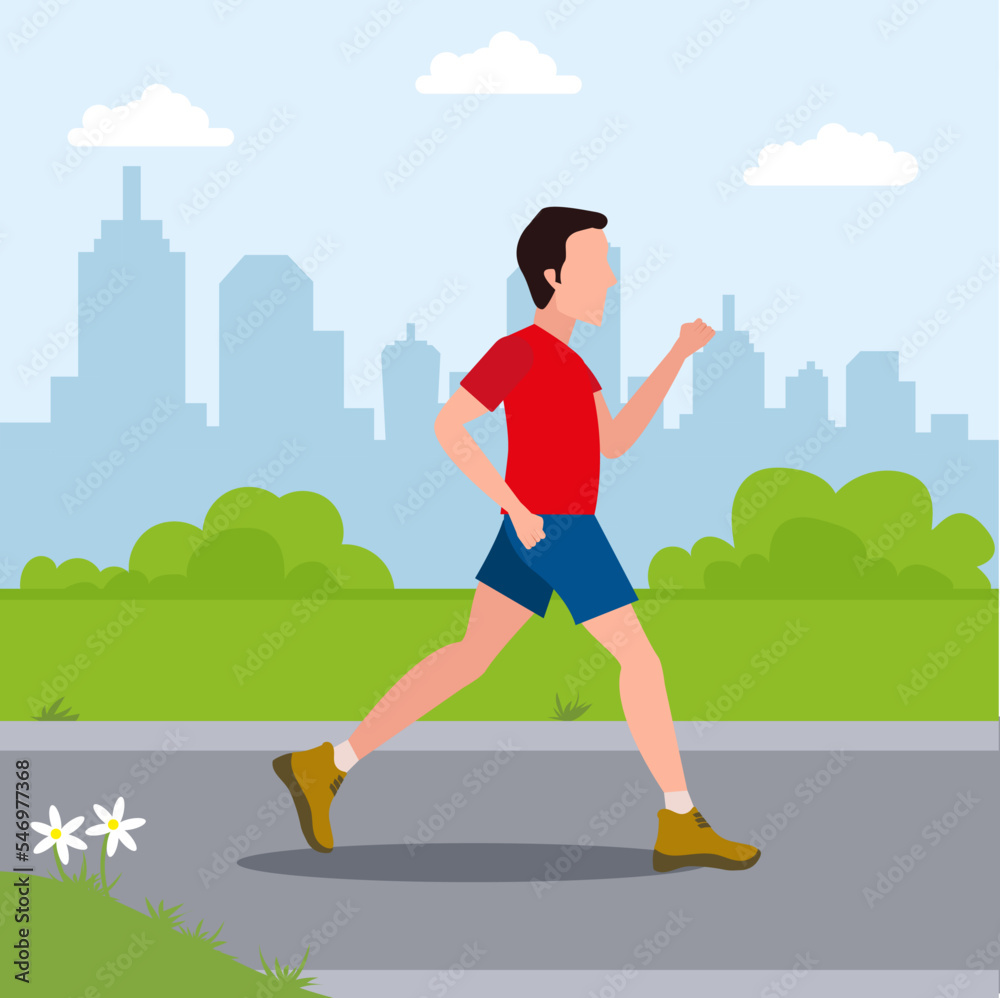 Guy Running in the Park, Physical Workout Training Outdoors Vector Illustration