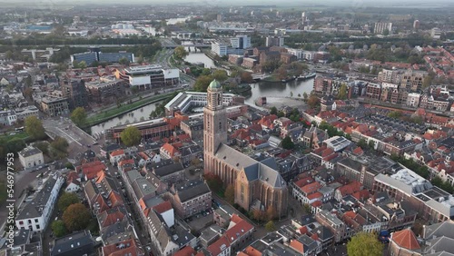 Zwolle old historic city center and city walls overhead skyline. Canal around city with rich history, Pepperbus church tower, Sassenpoort, Onze Lieve Vrouwebasiliek aerial. photo