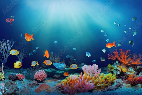 Valokuvatapetti Underwater world seascape with bubbles fish corals in sunlight
