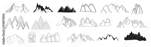 Mountains doodle icons vector set. Rocks silhouettes sets. Mountain ranges and tops in a linear style. Winter hiking logo.