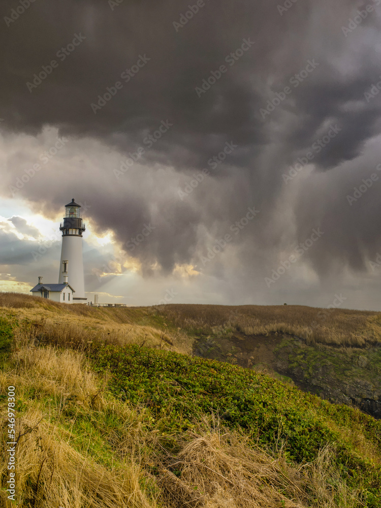 Picturesque landscape. On the high green shore of the ocean there is a lonely lighthouse, a high tower. Sky with gray storm clouds. A beautiful romantic place, the beauty of nature, the weather.