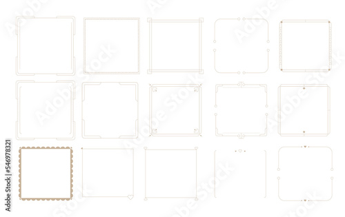 Golden frames, square geometric borders set, vector corners and lines decoration