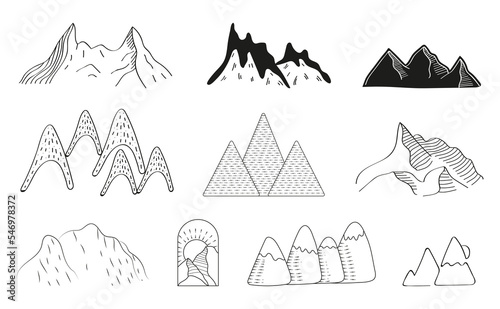 Mountains doodle icons vector set. Rocks silhouettes sets. Mountain ranges and tops in a linear style. Winter hiking logo.