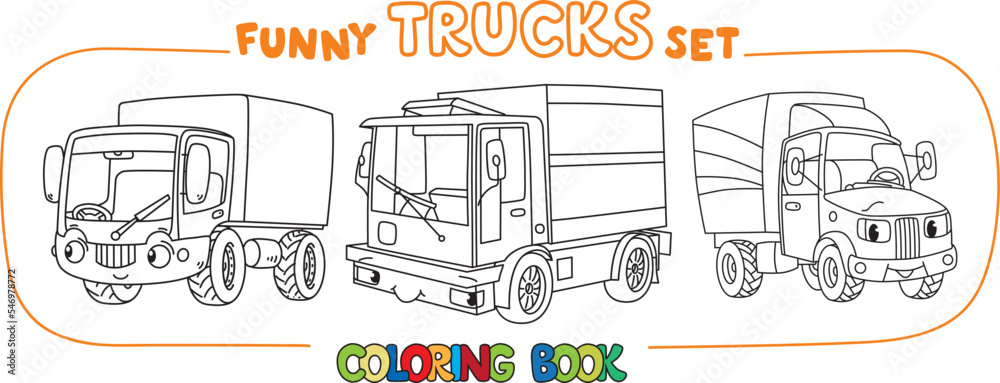 Obraz premium Funny small trucks with eyes. Coloring book set