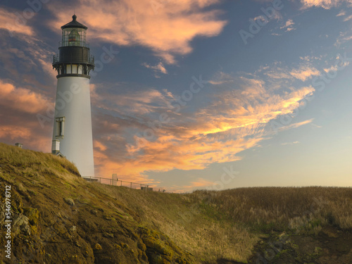 Panoramic shot. A beautiful white lighthouse on a high green ocean shore against a dramatic sky with pink clouds. Twilight. Beautiful nature, romance, tourism, travel destination advertising.