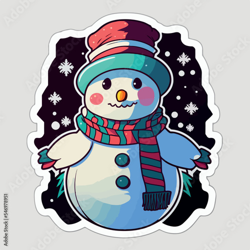 Christmas snowman sticker  xmas snowman in hat stickers decoration. New-year holidays