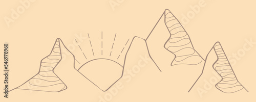 Mountains doodle icons vector set. Rocks silhouettes sets. Mountain ranges and tops in a linear style. Winter hiking logo.