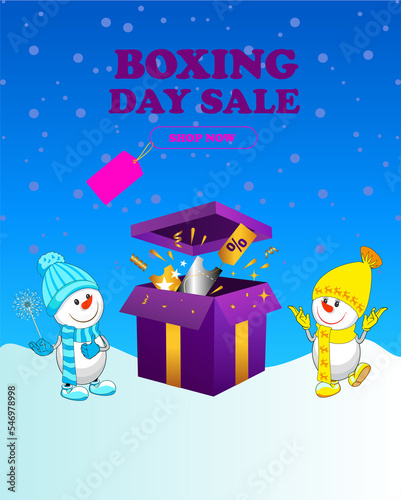 Merry Christmas! Funny snowmen. Boxing Day. Card. Blue background.