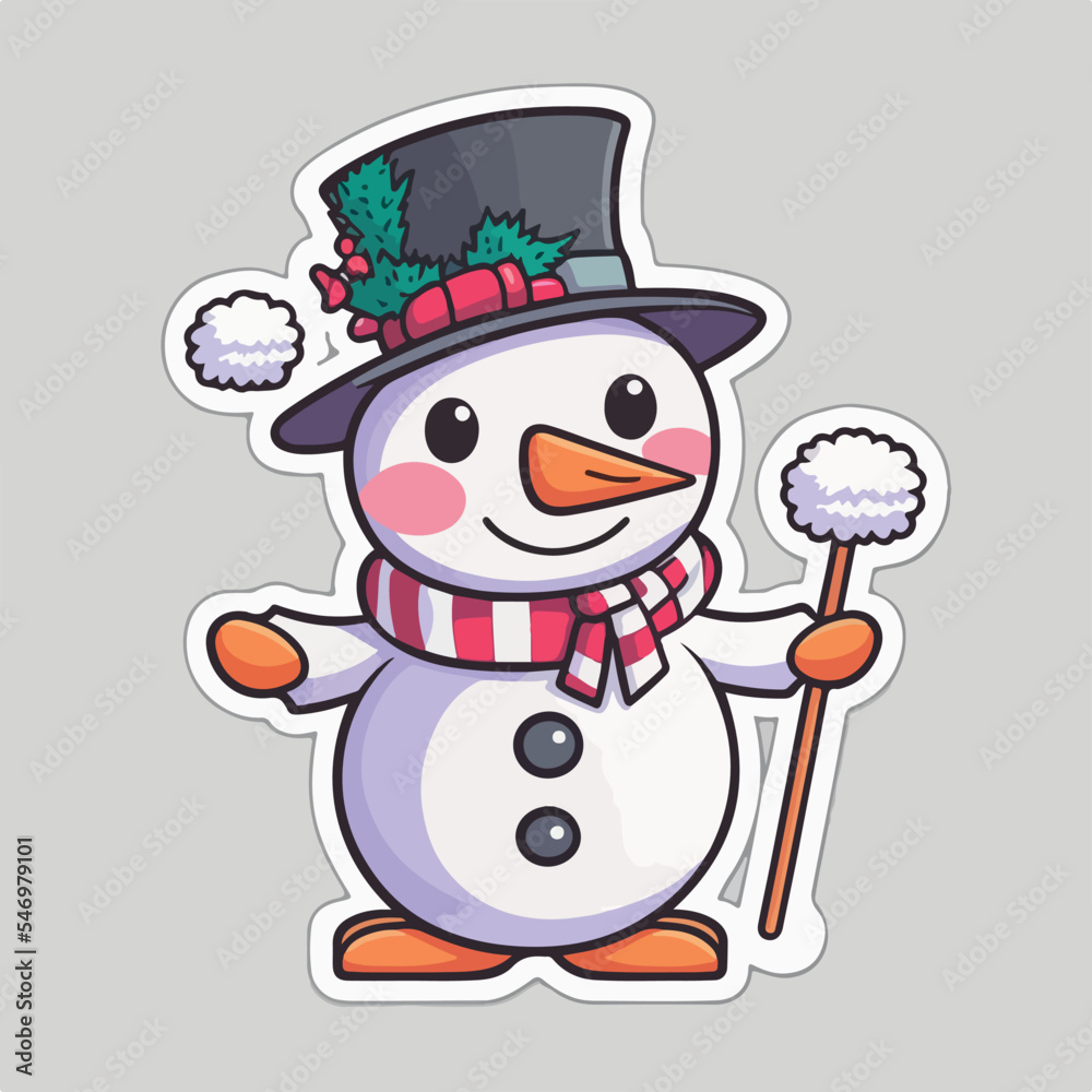 Sticker template with christmas snowman,  xmas snowman in hat stickers isolated decoration.