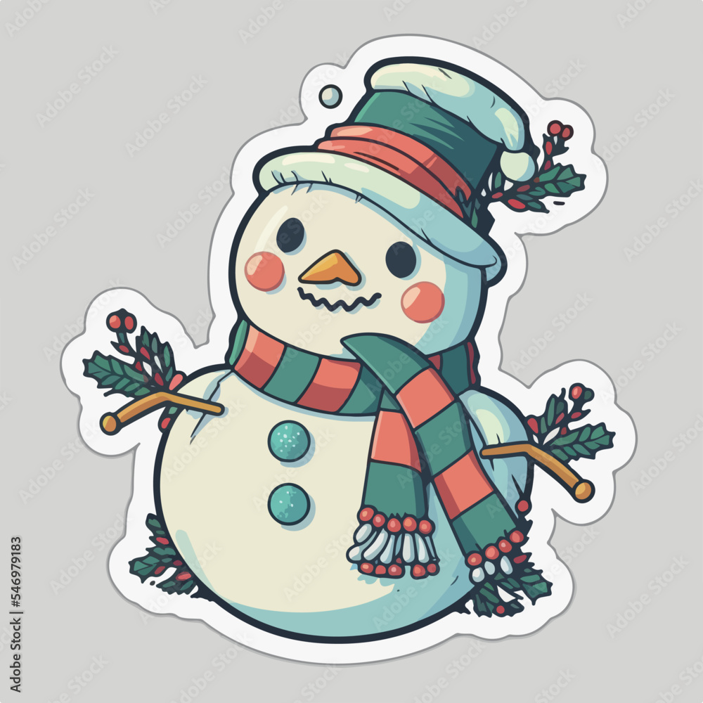 Sticker template with christmas snowman,  xmas snowman in hat printable stickers sheet.